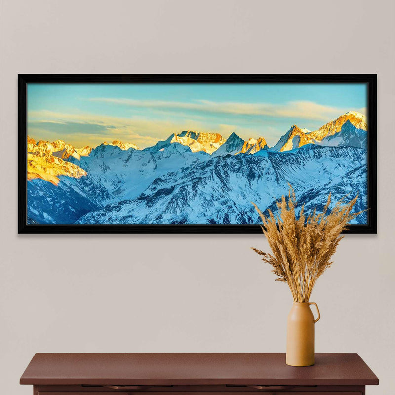 ArtzFolio High Mountains Peaks At Sunset | Canvas Painting for Bedroom & Living Room | Black Frame | 27.6 x 12 inch (70 x 30 cms)