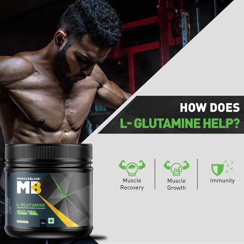 MuscleBlaze L- Glutamine, Post Workout Recovery Powder for Adults , 5 g Glutamine (Unflavoured, 250 gm, 50 Servings)