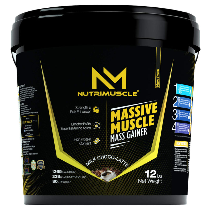 Nutrimuscle Massive Muscle Mass Gainer- 12 lbs - 5.44 kgs - Choco Latte Flavour (COFFEE) for Mass, Muscle, Power & Strength Gain - Contains Complex Carbohydrates, Whey Protein, BCAA , Digestive Enzymes & Essential Vitamins & Minerals - Also Contains Nutri