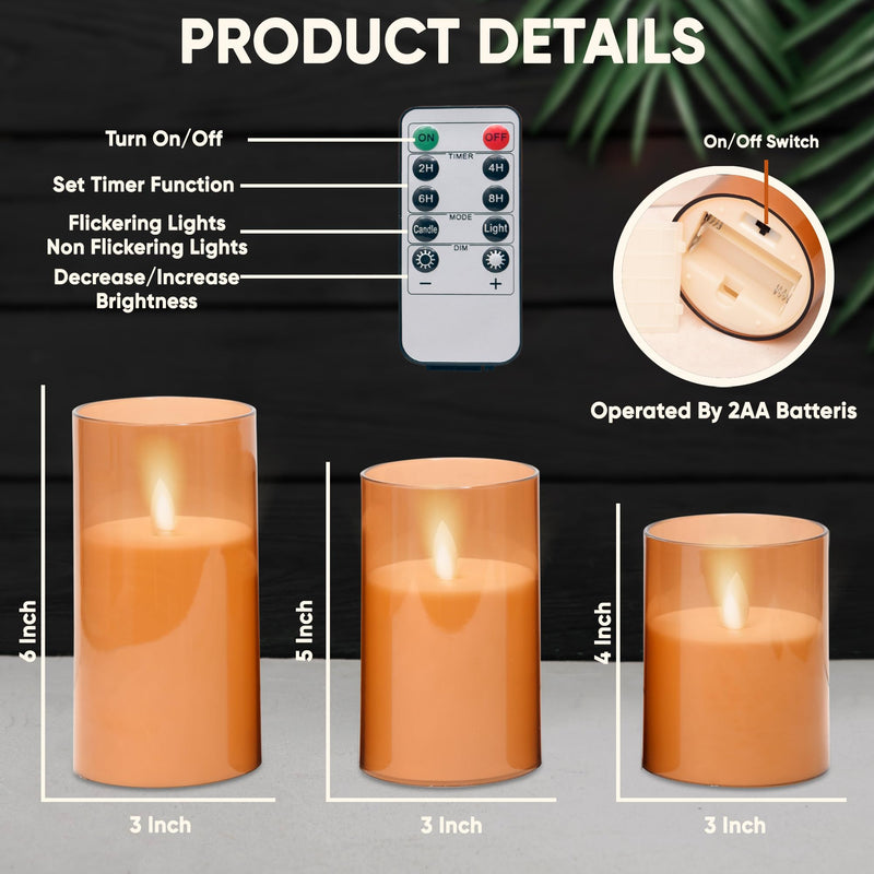 ZODZE Amber Flickering Flameless Candles, Battery Operated Acrylic LED Pillar Candles with Remote Control and Timer, Set of 5