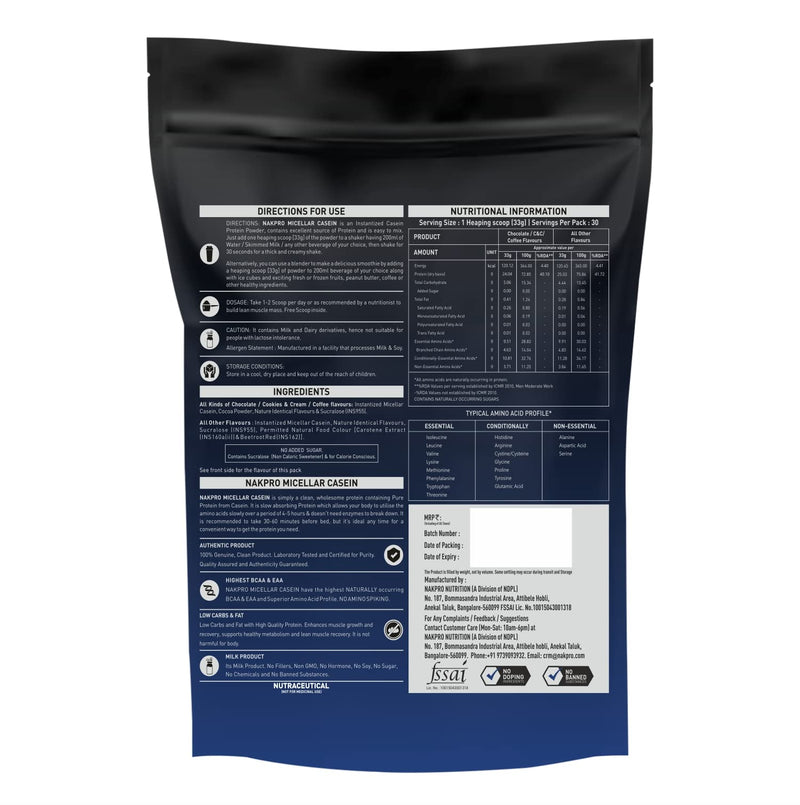 NAKPRO 100% Micellar Casein Protein Supplement |25g Protein, 9.91g EAAs, 4.83g BCAAs| Slow Absorbing Micellar Casein Protein Powder (Vanilla, 2 Kg)