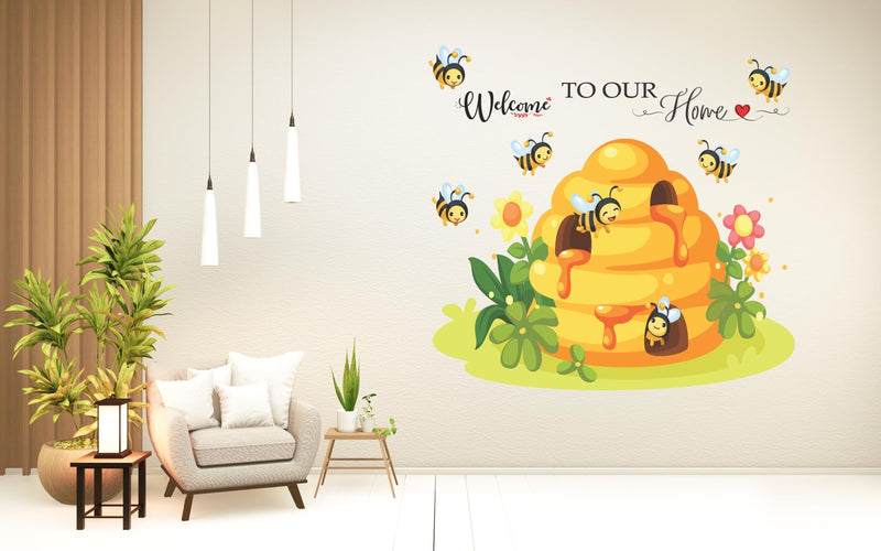 Wallbook Welcome Honey Bee Wall Sticker | Wall Stickers for Home, Kitchen, Office, Bedroom & Living Room (65 x 69 cms)