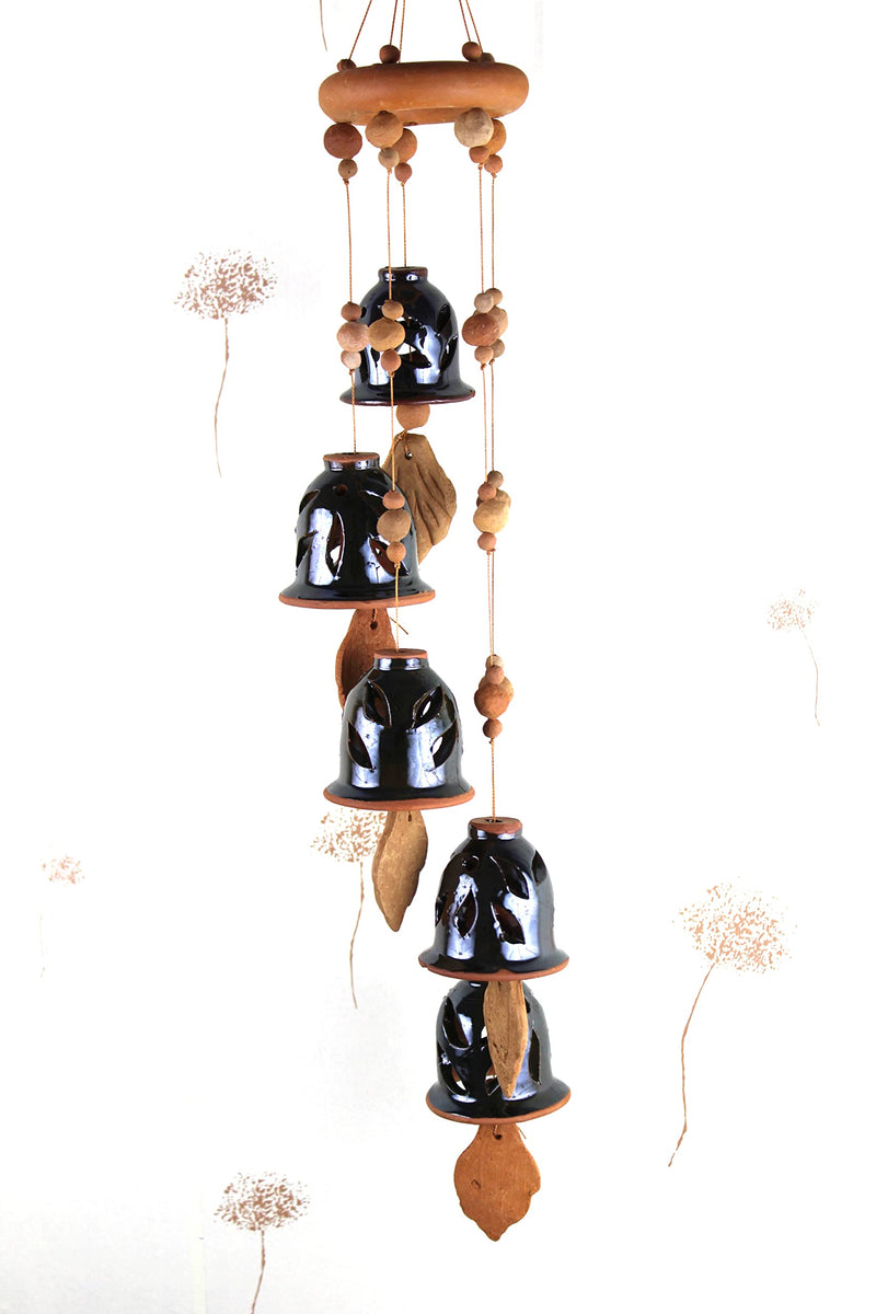 Terracotta Ceramic Coated Black Wind Chime (Five Bells) Ring Design Handmade Craft with Great Melodious Sound Bells