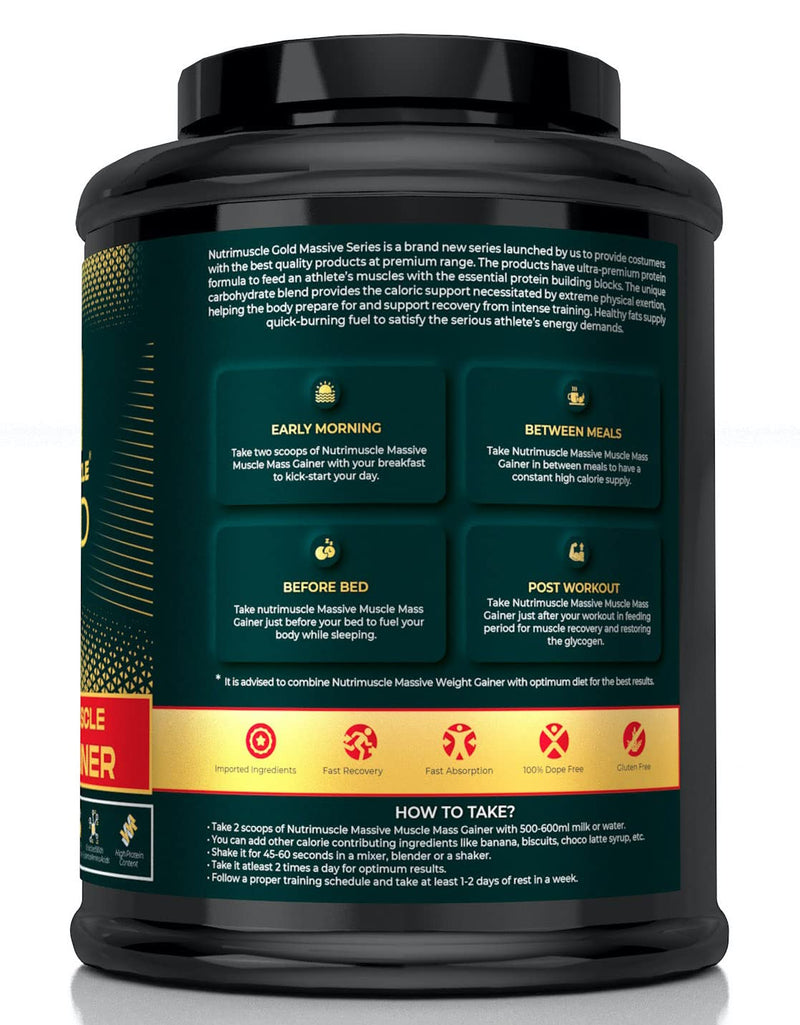 Nutrimuscle Massive Gold Muscle Mass Gainer - 7 Lbs - 3.175 Kgs Choco Treat | Weight Gainer | Contains Complex Carbohydrates, Bcaa, Digestive Enzymes & Essential Vitamins & Minerals | Made in India