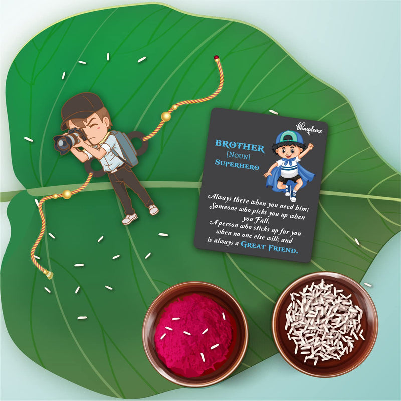 Bhai Please Photographer Bhai Wooden Rakhi with Brother is Superhero Fridge Magnet (Gift Combo for Bhai/Bhaiya) | Set of 1 pc Rakhi with Roli/Kumkum - Chawal and Fridge Magnet