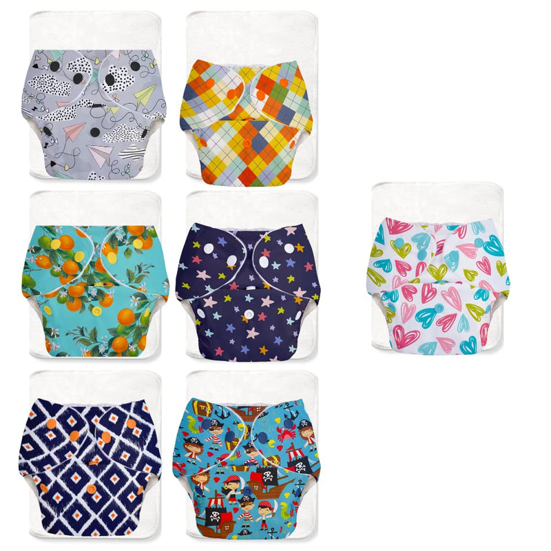 SuperBottoms BASIC Pack of 14 Side Leakage Proof Reusable Cloth Diaper with Quick Dry UltraThin pads|Freesize, Rash Free,for Kids 0-3 Yrs|Stay Dry & Lasts up to 3Hrs|7 Shell + 7 Pads - Assorted