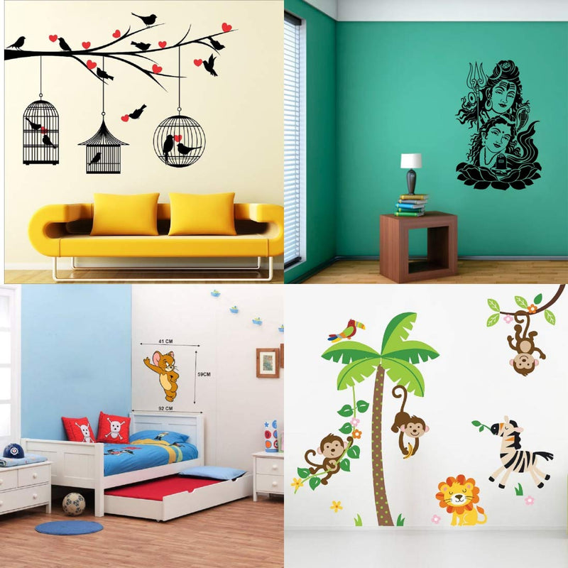 Walltech Combo of 4 Wall Sticker Love Birds with Hearts-(125 x 85 cms) | Shiv parwati-(60 x 39 cms) | Jungle-(150 x 120 cms) | Cute Mouse-(50 x 45 cms) - Material Vinyl