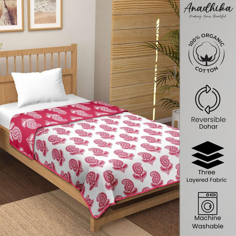 Anadhika 100% Cotton Reversible Dohar Single Bed AC Blanket for Summer Winter Travelling Light Weight Soft Breathable Blanket (60"x90", Royal Pink)