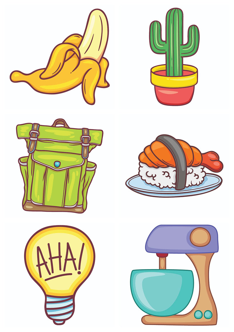 Bhai Please Banana, Cactus, Travel Bag, Chicken Rice, Aha Bulb and Baking Mixer Wooden Fridge Magnet (Pack of 6 pcs, one pc Each Design)