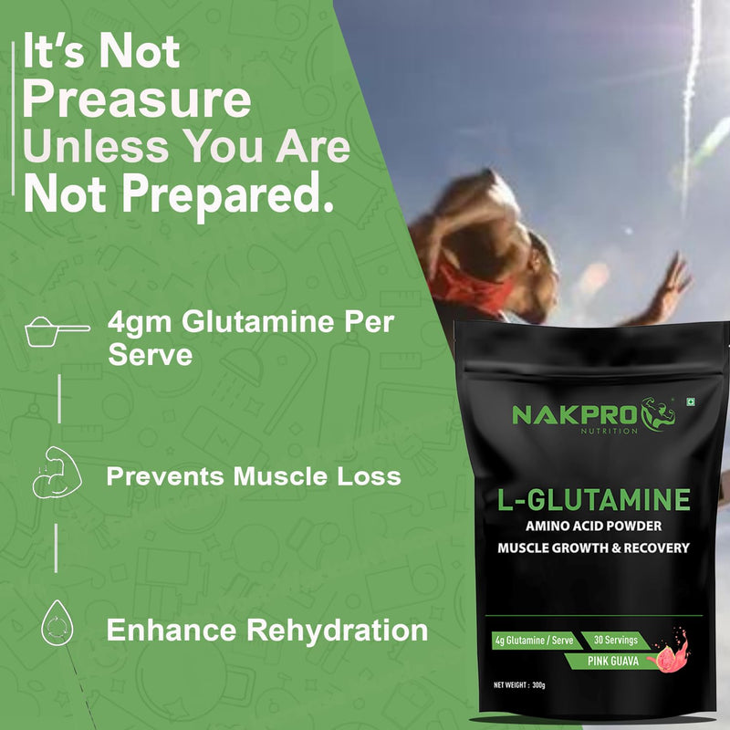 Nakpro L-Glutamine Powder | 4g Glutamine Per Serving, 60 Servings | Post Workout Amino Acid Supplement for Muscle Growth and Recovery (Pink Guava, 300g)