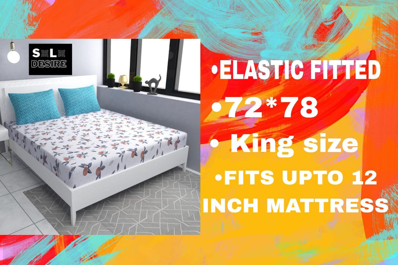 SOLO DESIRE Super King Size bedsheet with Elastic Glace Cotton bedsheets fits Upto 12 inch Mattress for Double Bed with 2 Pillow Cover(72x78)(Blue-Flower)