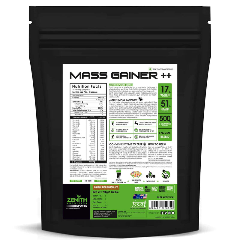 Zenith Nutrition Mass Gainer Powder(For Adults,Double Rich Chocolate 750 gms) with Enzyme blend | 17gm Protein | 51gm Carbs | Added Glutamine | Lab tested