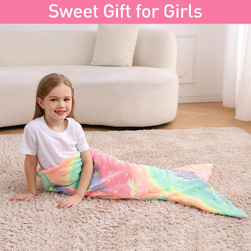 SNOWIE SOFT® Mermiad Tail Blanket for Kids, Flannel Cartoon Soft Blanket Glow in The Dark Kids Blanket Dreamy Travel Blanket Fish Tail Mermaid Blanket for Girls -Birthday Gift for Girls Kids