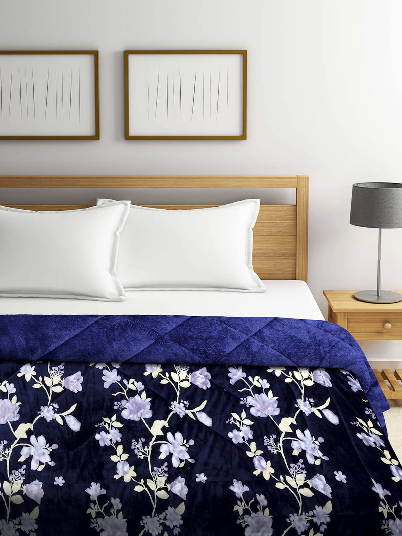 Arrabi Blue Floral Polyester Full Size Double Quilt | ARQT-1008-Blue