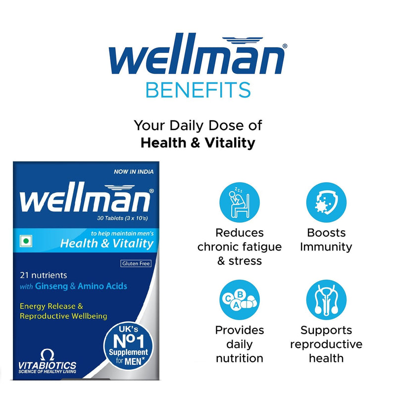 wellman Multivitamin Tablets For Men With 21 Nutrients Like Vitamin C,L-Arginine,Calcium,Zinc. Feel More Energetic,Support Reproductive Health,Boost Immunity,Vegetarian Your Energy Booster Pack Of 1