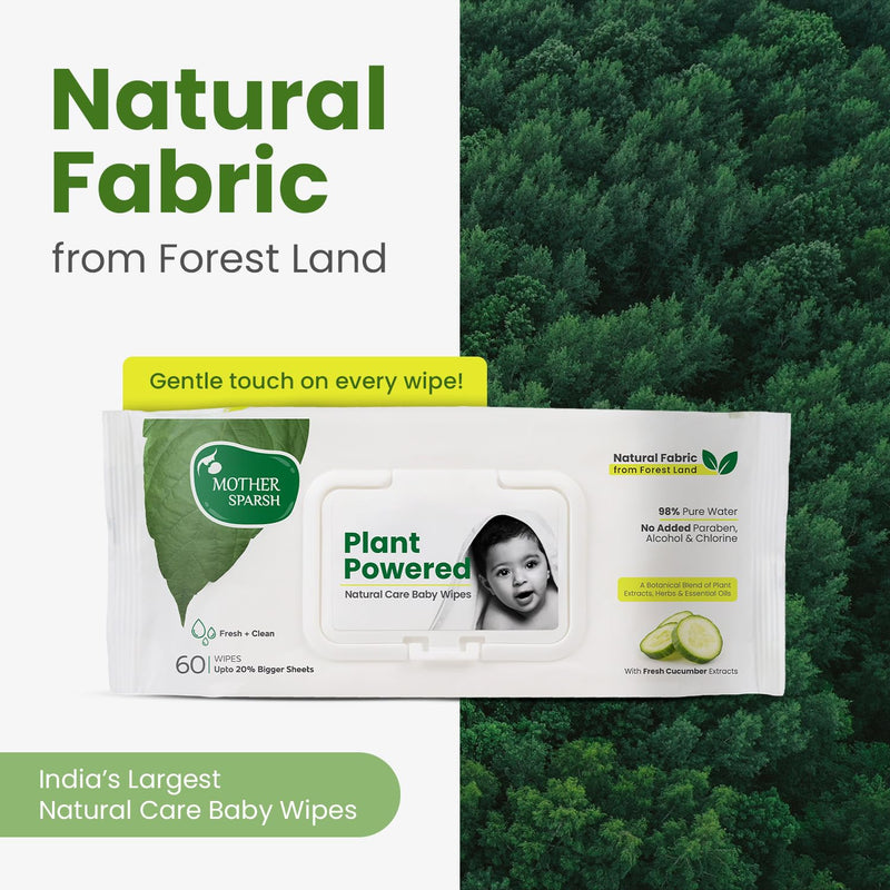 Mother Sparsh Natural Care Baby Wipes I 100% Plant Made Fabric From Forest Land | Fresh+Cleanse (with Cucumber) Plant Powered Wet Wipes For Baby I Cotton Cloth Like Bigger Sheets | 60 Pcs (Pack of 2)