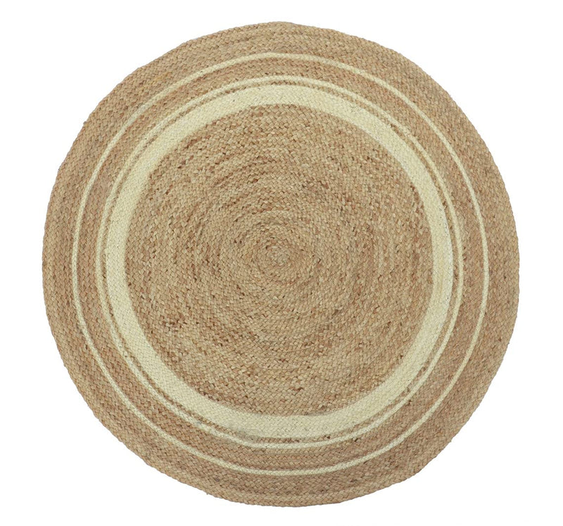 Habere India-All the Cultures Fabricating India Jute Carpet for Living Room, Jute Round Floor Mat, Rugs for Living Room, Jute Centre Table Carpet (Jute + White (Round), Round_3*3 FT)