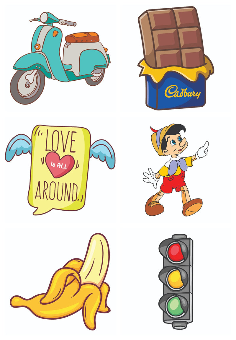 Bhai Please Scooter, Chocolate Bar, Love is All Around, Pinokkio, Banana and Traffic Lights Wooden Fridge Magnet (Pack of 6 pcs, one pc Each Design)