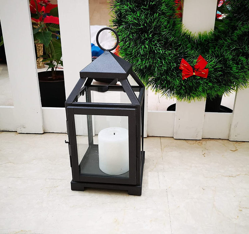 HOSLEY Classic Style Glass Iron Lantern with One Pillar Candle|Black Iron Hanging Lantern Perfect for Home Decor Wedding Parties Gifting|Candle Holder|5.5 Inch Diameter|Pack of 1 (12 Inch Long)