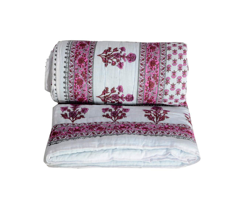 HOPEE Shop 210 TC Cotton Jaipuri Razai Floral Print Single Bed Pink Rajai/Quilts Rajasthani Light Weight Reversible Quilt - Pink (55X85 INCHES)