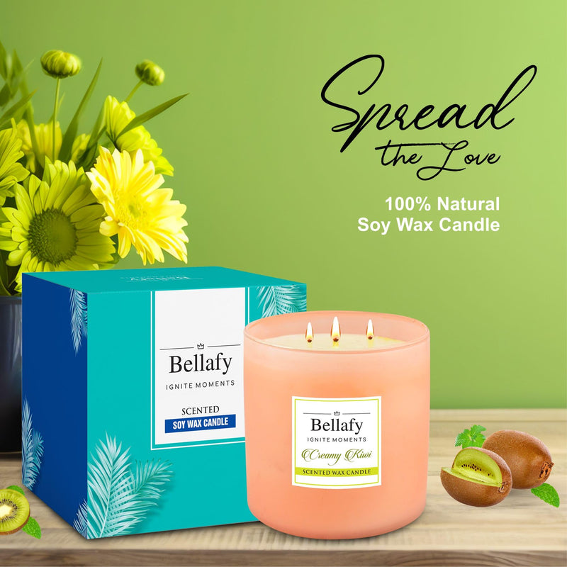 Bellafy 3-Wick Creamy Kiwi Scented Soy Wax Candle | Burns 40 Hours | Eco-Friendly Luxury for Healthier Homes | Captivating Aromas | Zero Petro Carbon | Natural Beauty & Blissful Fragrances