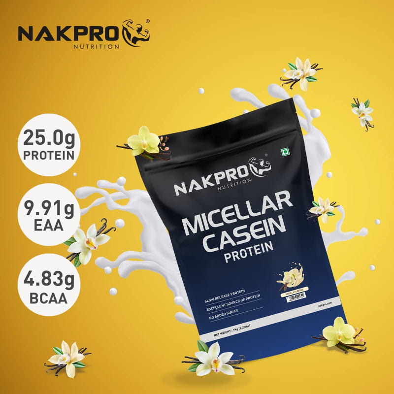 NAKPRO 100% Micellar Casein Protein Supplement |25g Protein, 9.91g EAAs, 4.83g BCAAs| Slow Absorbing Micellar Casein Protein Powder (Vanilla, 2 Kg)