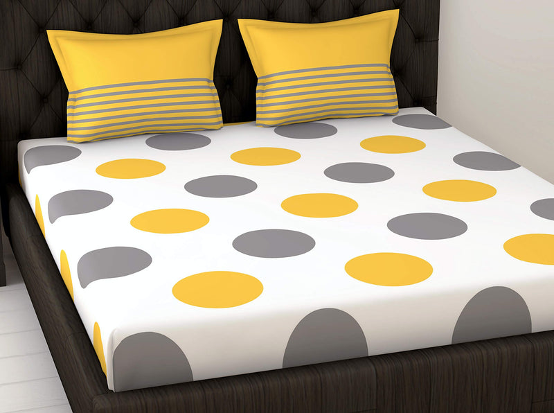 LORETO – A QUALITY LINEN BRAND 144 TC 100% Cotton Bedsheet for Double Bed with 2 Pillow Covers, Polka - Yellow & Grey