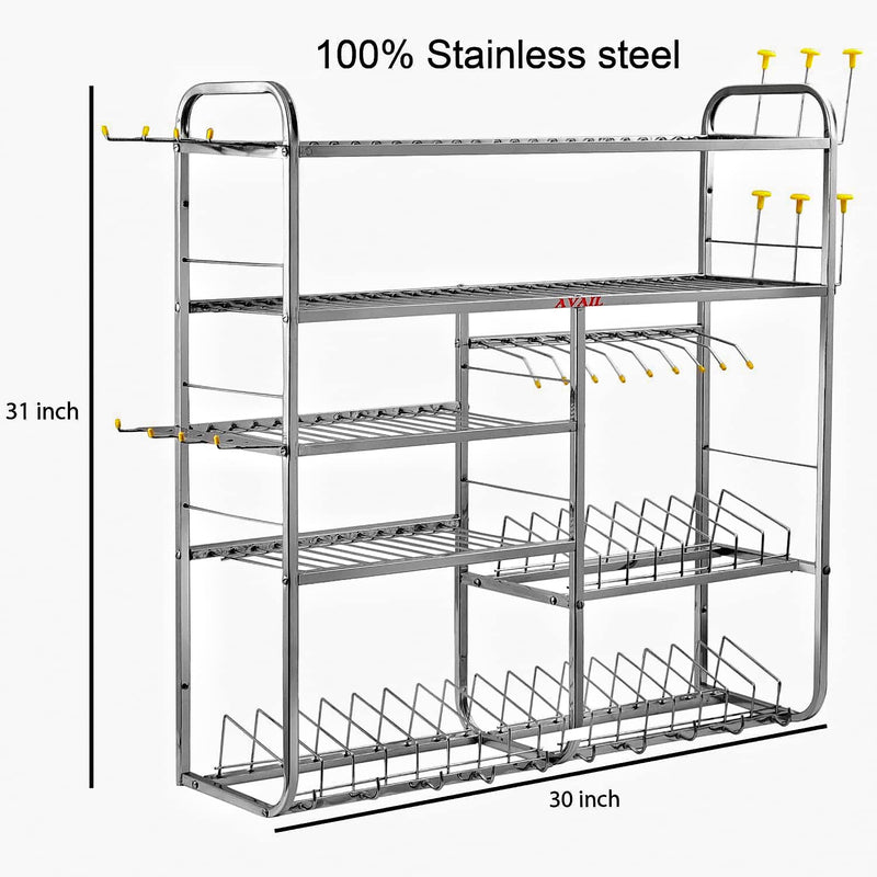 AVAIL Stainless Steel 5 Shelf Wall Mount Cup and Plate Holder Kitchen Rack | Kitchen Organizer | Utensils Rack with Plate & Cutlery Stand | Modular Kitchen Storage Rack |, Tiered Shelf