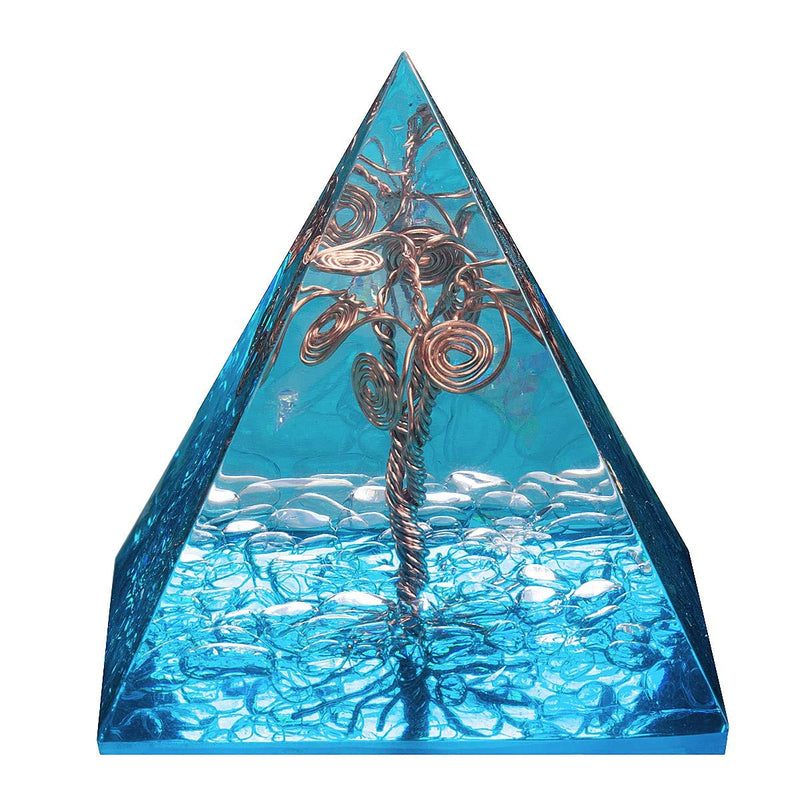 SUNYIK Handmade Tree of Life Orgone Pyramid Energy Generator, Chip Rock Quartz Chakra Healing Crystal Point for Protection Meditation Yoga 2" Light Blue