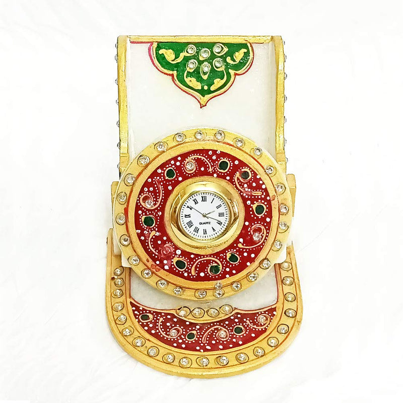 Marble Mobile Holder| Rajasthani Meena Kundan Work Clock Cum Stand for Home| Designer Printed Phone Table Top with Watch for Office by Handicraft Kingdom (H 11.5 Cm X L 10.5 Cm X W 10 Cm)