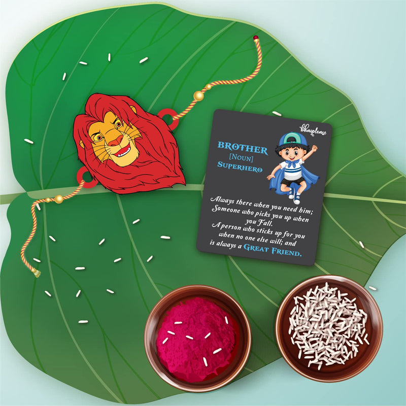 Bhai Please Lion King Musafa Wooden Rakhi with Brother is Superhero Fridge Magnet (Gift Combo for Bhai/Bhaiya) | Set of 1 pc Rakhi with Roli- Chawal and Fridge Magnet | With Raksha Bandhan Greetings