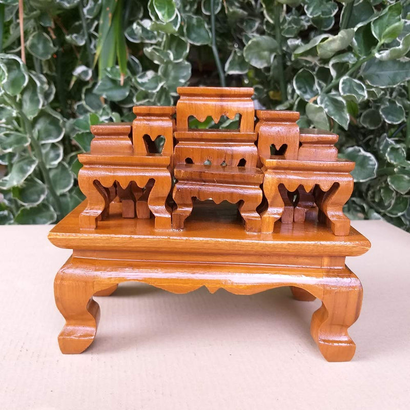 CoziNest Small Altar Thai Buddha Worship Wood Set 9 Amulet Miniature Table Teak Shelf Home Decor 6.5"