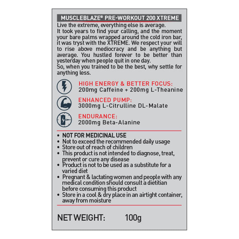 MuscleBlaze Pre Workout (Fruit Punch, Pack of 100 g powder, 15 Servings) 200 Xtreme, 200mg Caffeine, 200mg Theanine, 2000mg Beta Alanine, 3000mg Citrulline