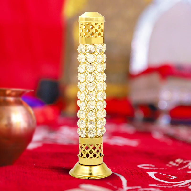 Shubhkart Nitya Brass Crystal Incense Holder with Ash Catcher | Agarbatti Holder | Brass Incense Burner for Home Office Diwali Puja Gifts Decor (11.6 Inch Height) - 235 GMS