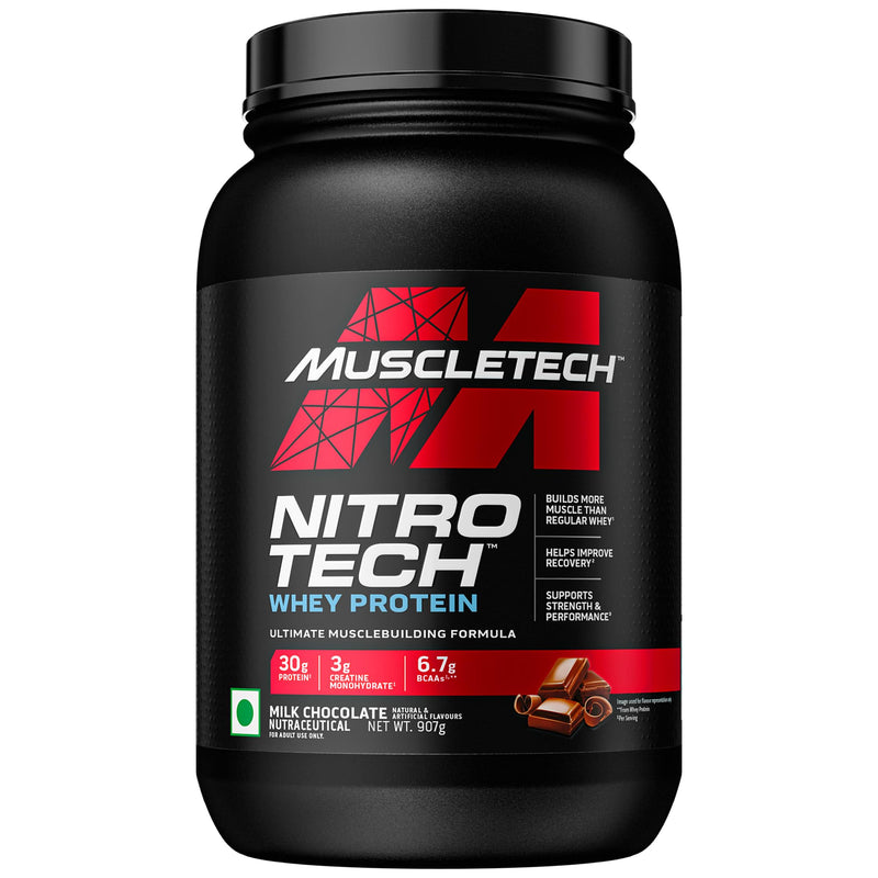 MuscleTech Nitro-Tech Whey Protein, 907g (2lbs), Milk Chocolate, 30g Protein, 3g creatine monohydrate, 6.7g BCAA, ultimate muscle building formula, increase strength & performance