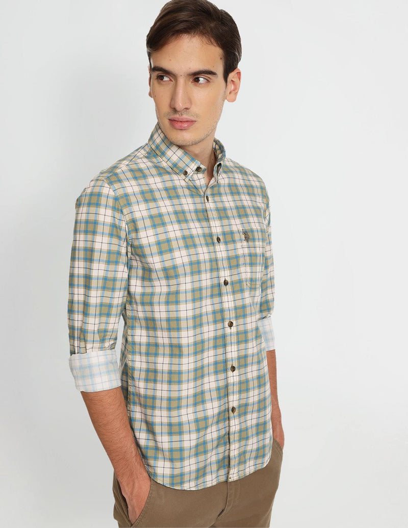 U.S. POLO ASSN. Mens Printed Checks FS Shirts (UDSHTFX0022_KHAKI_XXL)