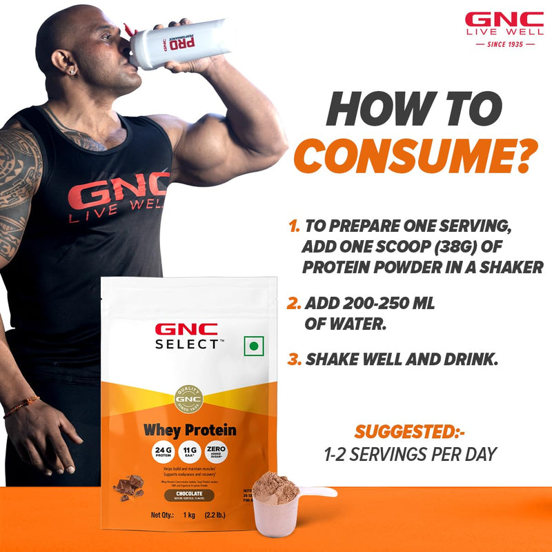 GNC Whey With Free Shaker | 2.2 LBS (1KG) | Chocolate | Digestive Enzyme For Better Digestion |24 Gm Protein| Faster Muscle Recovery | Boosts Strength & Endurance | Zero Added Sugar | Builds Lean Muscles | Formulated In USA | Imported