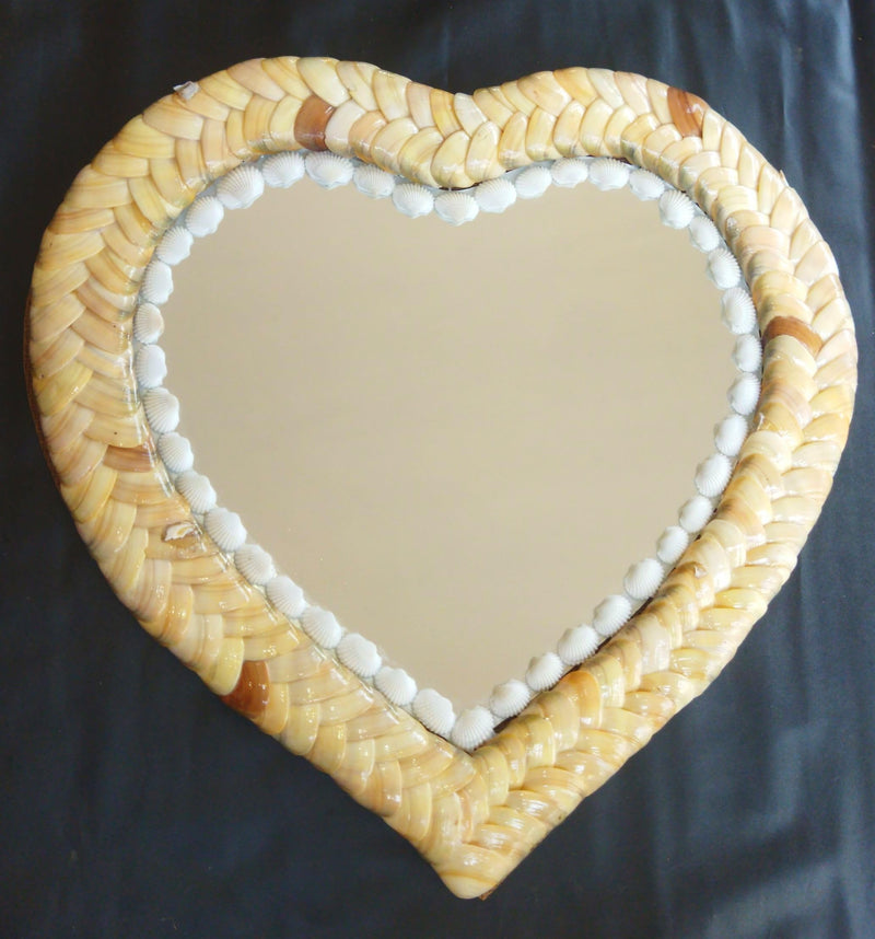 ZENRISE Decorative designer seashell handicraft heart shape framed wall mirror, 33 cm, Beige