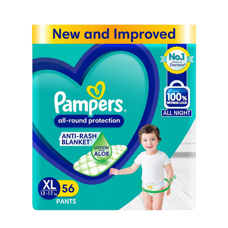 Pampers All round Protection Pants Style Baby Diapers, X-Large (XL) Size, 56 Count, Anti Rash Blanket, Lotion with Aloe Vera, 12-17kg Diapers