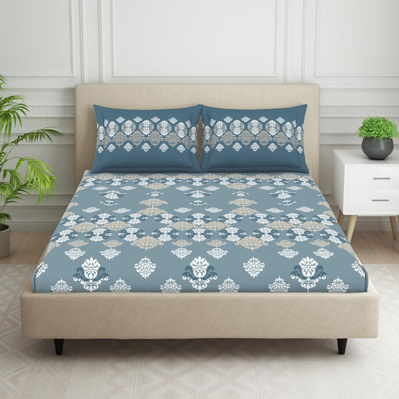 Spaces 100% Cotton Double Fitted Bedsheet with 2 Pillow Covers (Size 60 X 78 Inches) | 144 TC Fitted Sheet for Double Bed | Breathable Pure Cotton Queen Size Bedsheet | SS24 | Ornate Light Blue