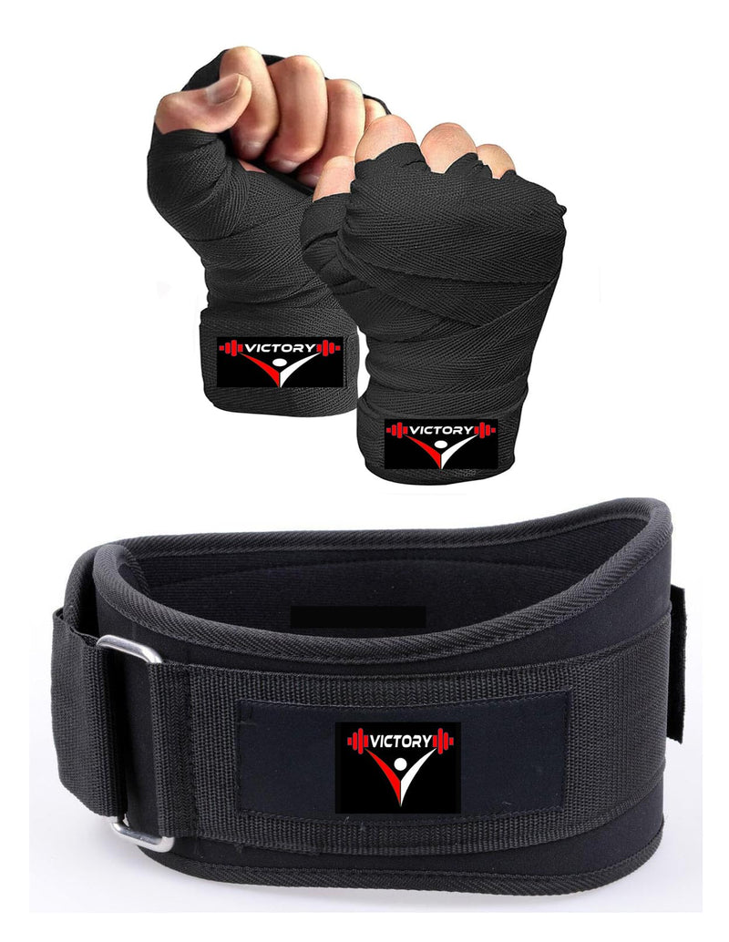 Victory Fitness Combo Inch Wide Weightlifting Gym Belt Back Support & Professional Boxing Hand Wrap & Hand Bandage - Imported 110 -inch (Black) #Men#Women