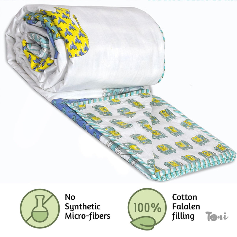 TOAIArt Jaipuri Dohar Quilt for Summer Hand Block Printed 3 Layers Reversible 100% Mulmul Cotton Flannel Filling Single Size 60” X 90” Elephant (White Blue Green Yellow)