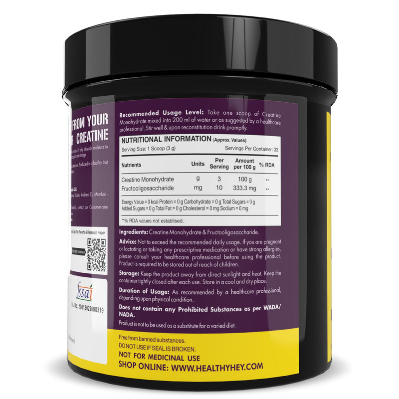 HealthyHey Sports Creatine Monohydrate powder for Muscle Building & Performance - 33 Servings (Unflavoured, 100gm)