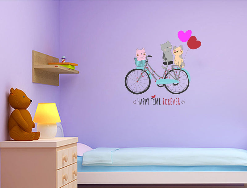 Dreamkraft Little Cute Cats on Bicycle Wall Sticker - 50cm x 52cm | Adorable Animal Decor