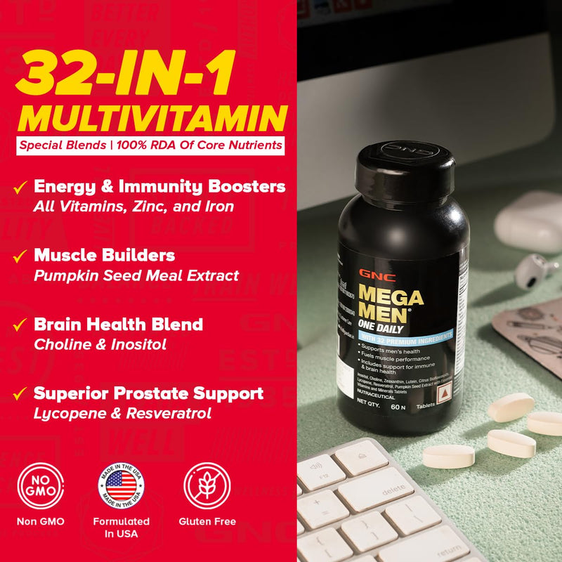 GNC Mega Men One Daily Multivitamin | 60 Tablets | 32 Premium Ingredients | Promotes Men's Well-Being | Supports Muscle Function | Boosts Immunity | Improves Memory & Focus | Formulated In USA