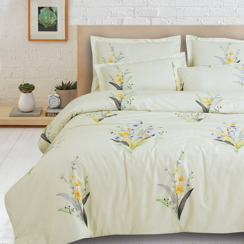 Malako Sion Tea Green Botanic King Size Bedsheet with 2 Pillow Covers