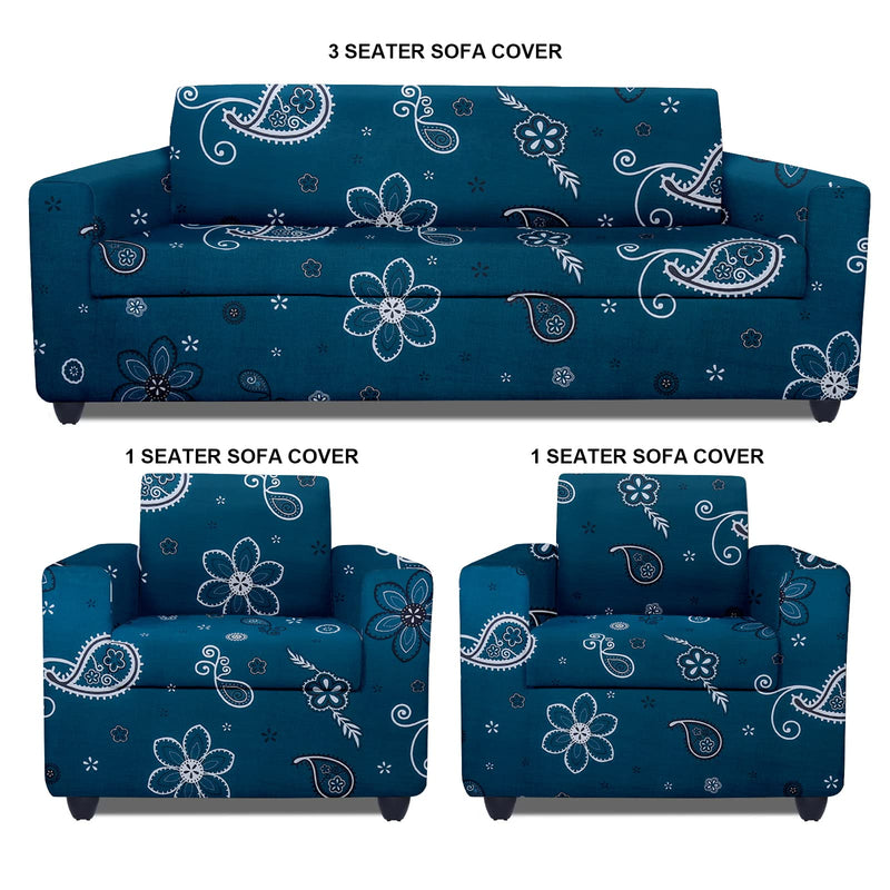 Cortina Floral Printed Sofa Cover Big Elasticity Cover Stretch Universal Sofa Slipcover 5 Seater (3 Seater Size 185-230cm and 1 Seater Size 90-145cm) -Teal Blue,Polyester