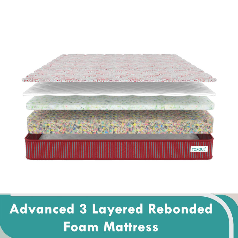 Torque - Durasleep Advanced 3 Layered Rebonded Foam Mattress with Medium Firm & Soft Sides (72x60x8 Inches, Queen Size) | Bed Mattress, Orthopedic Memory Foam Mattress | 10 Years Warranty