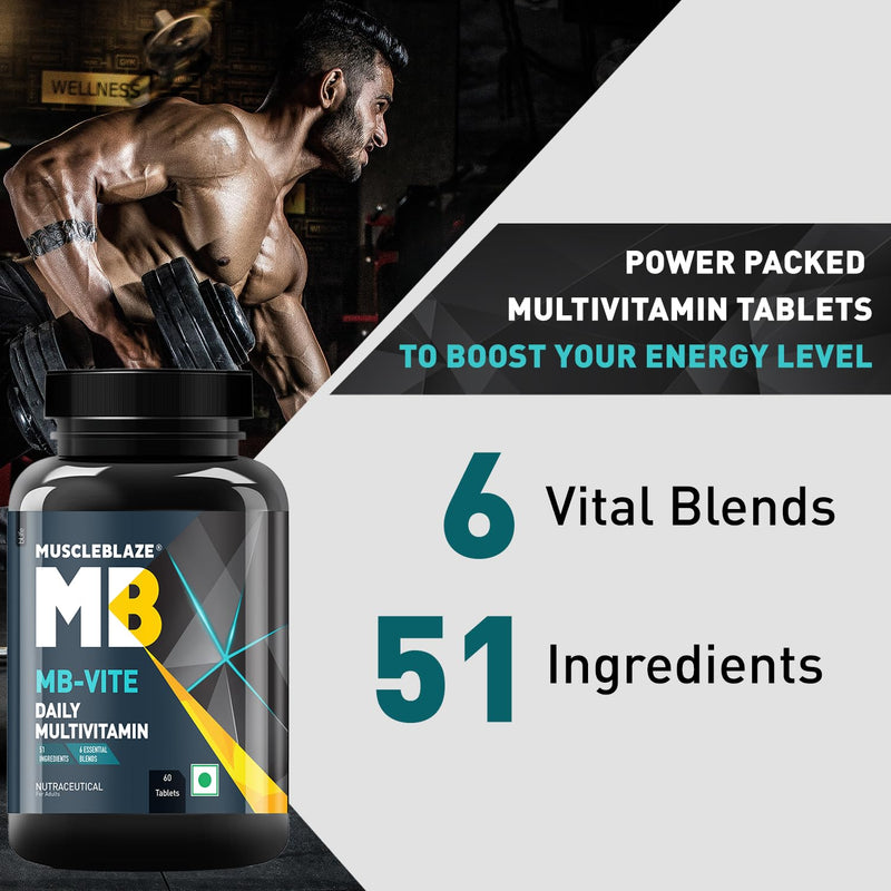 MuscleBlaze MB-Vite Daily Multivitamin with 51 Ingredients & 6 Blends, Vitamins & Minerals, Prebiotic & Probiotics, Amino Acid Blends, for Energy, Stamina & Recovery, 60 Multivitamin Tablets