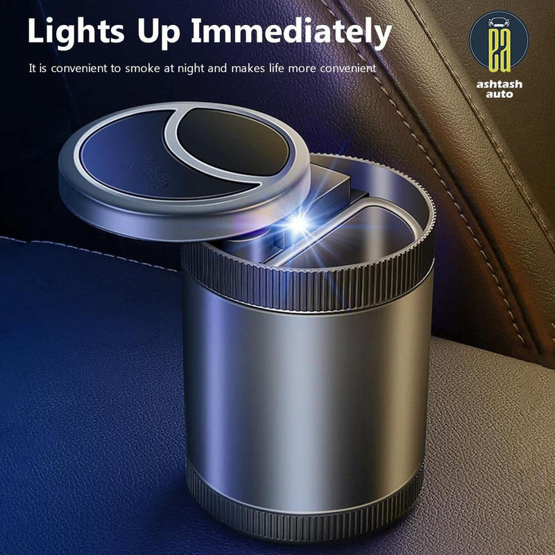 Ashtash Auto Mini Car Trash Can Long Lasting Smokeless Portable Ashtray With LED Blue Light- Black